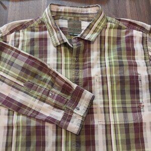 Prana Shirt 100% Organic Cotton Men L Green Purple Plaid Long Slv Snap Button Up